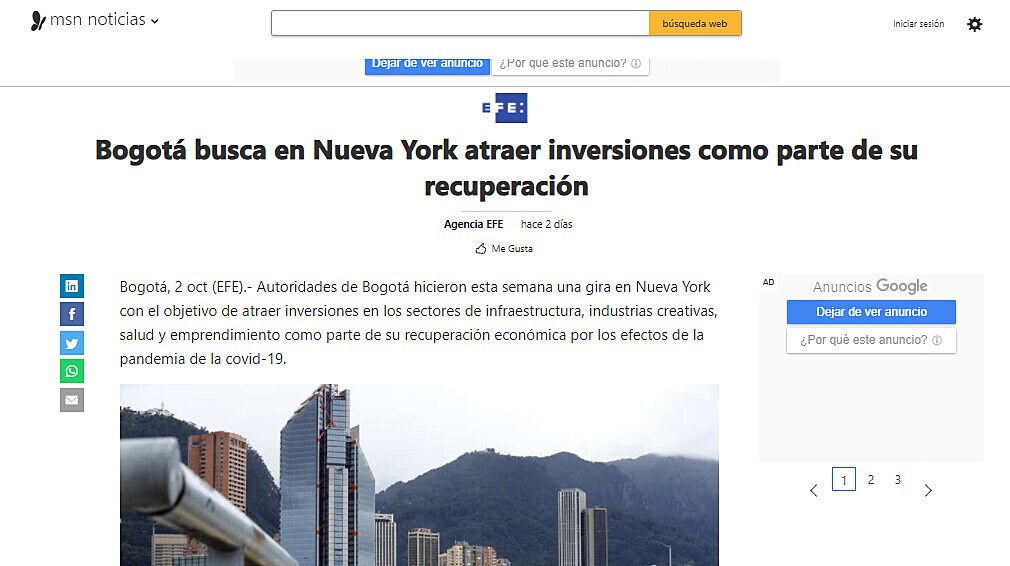 Bogot busca en Nueva York atraer inversiones como parte de su recuperacin